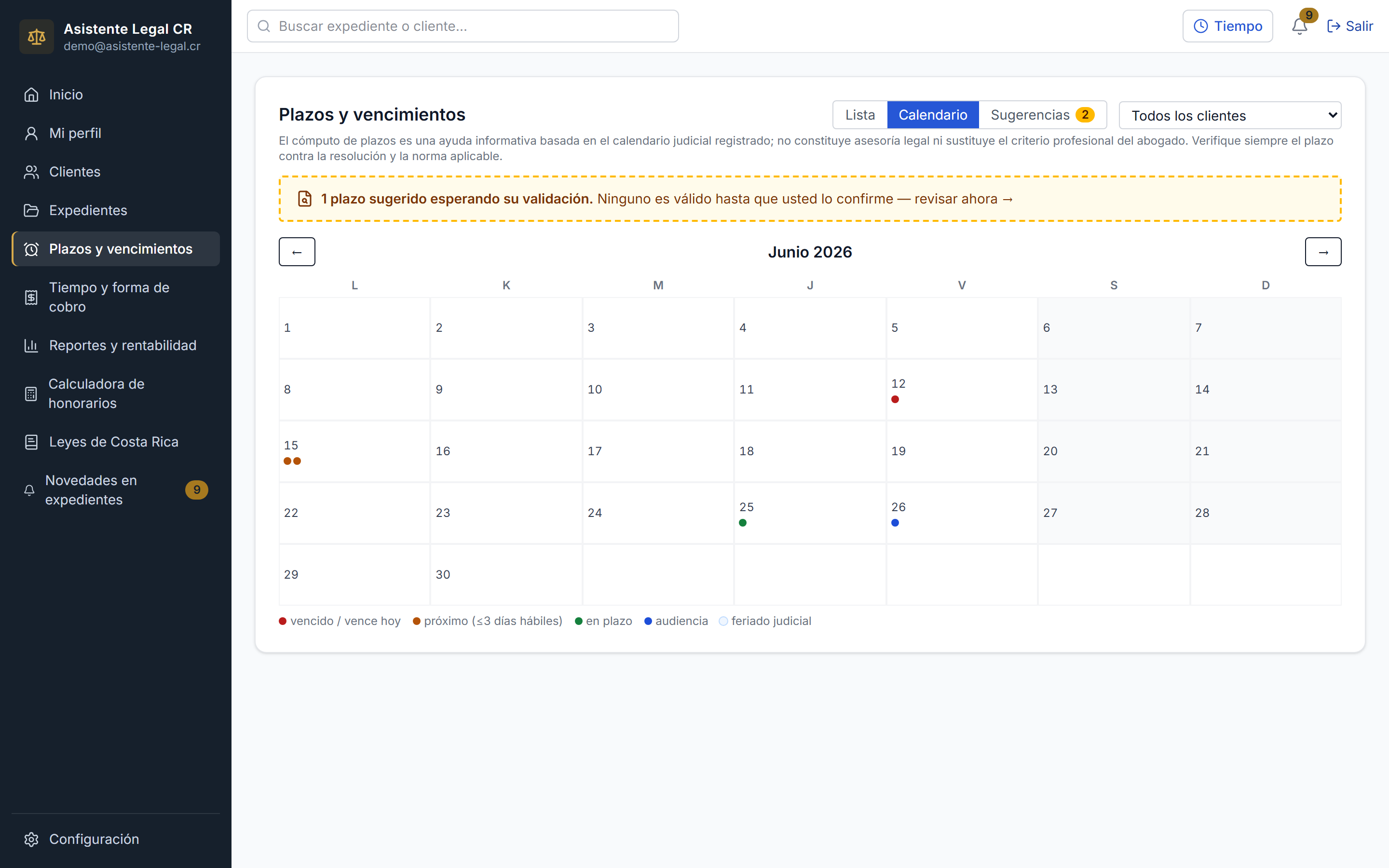 Calendario con plazos y audiencias